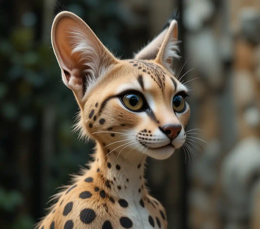Close up portrait of a wild serval with alert gaze