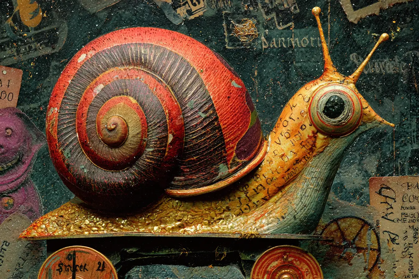 Cute snail on wheels in whimsical collage close up
