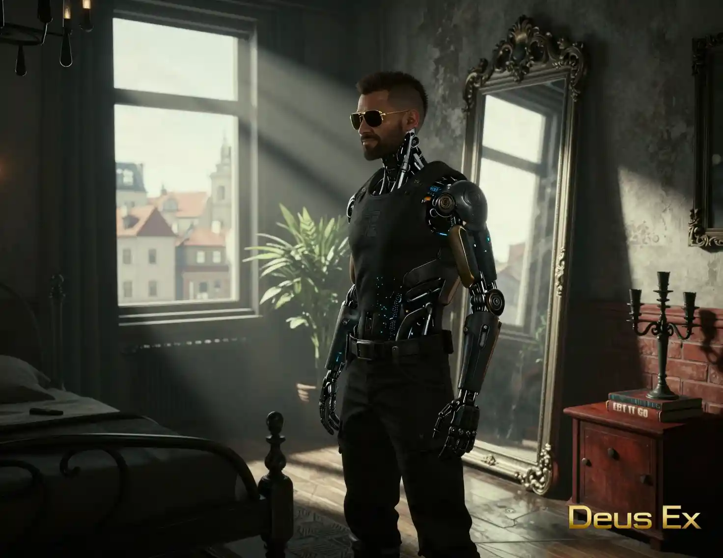 Augmented detective man in a futuristic bedroom interior