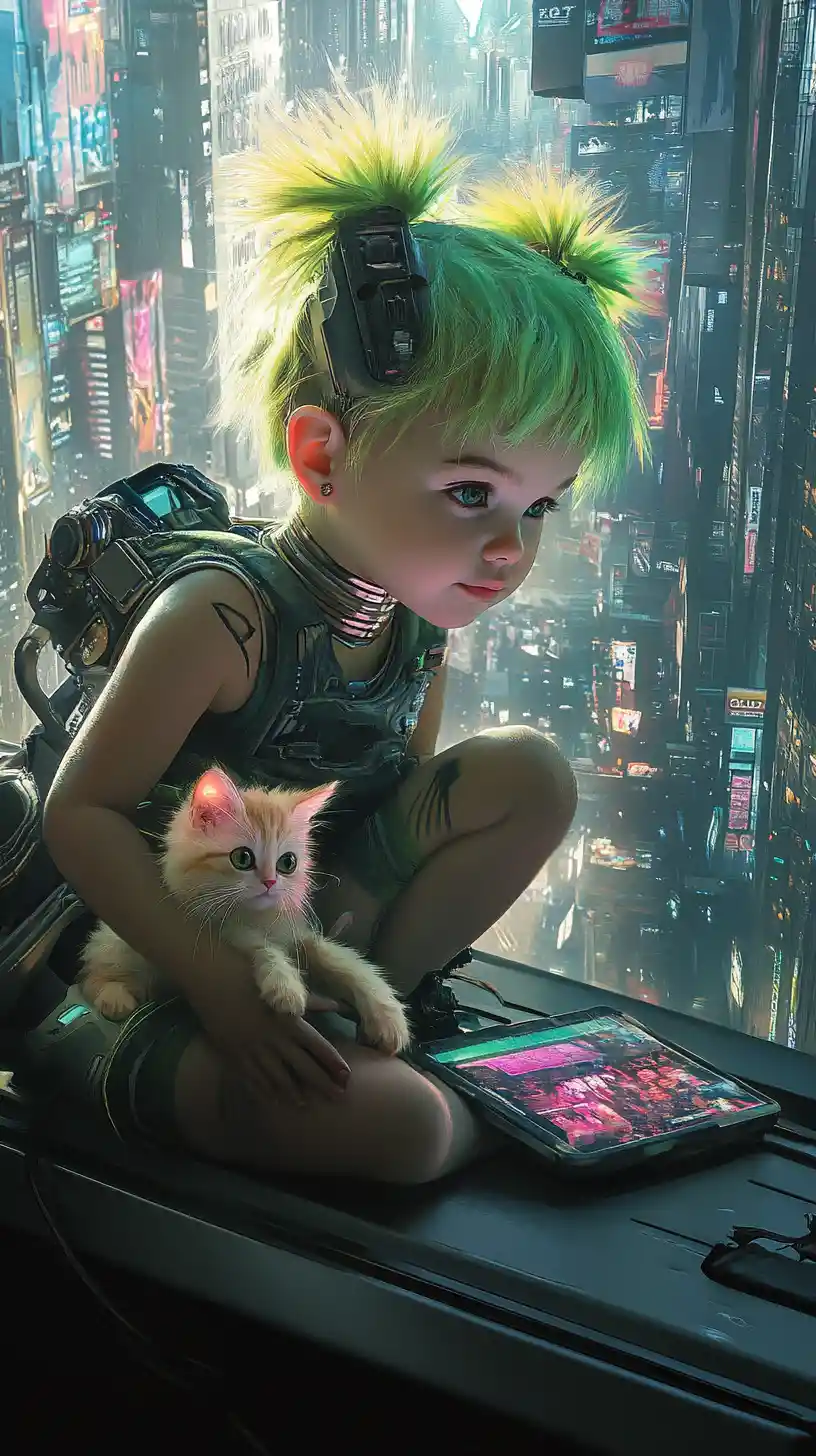 Cute cyberpunk baby girl playing with kitten by window