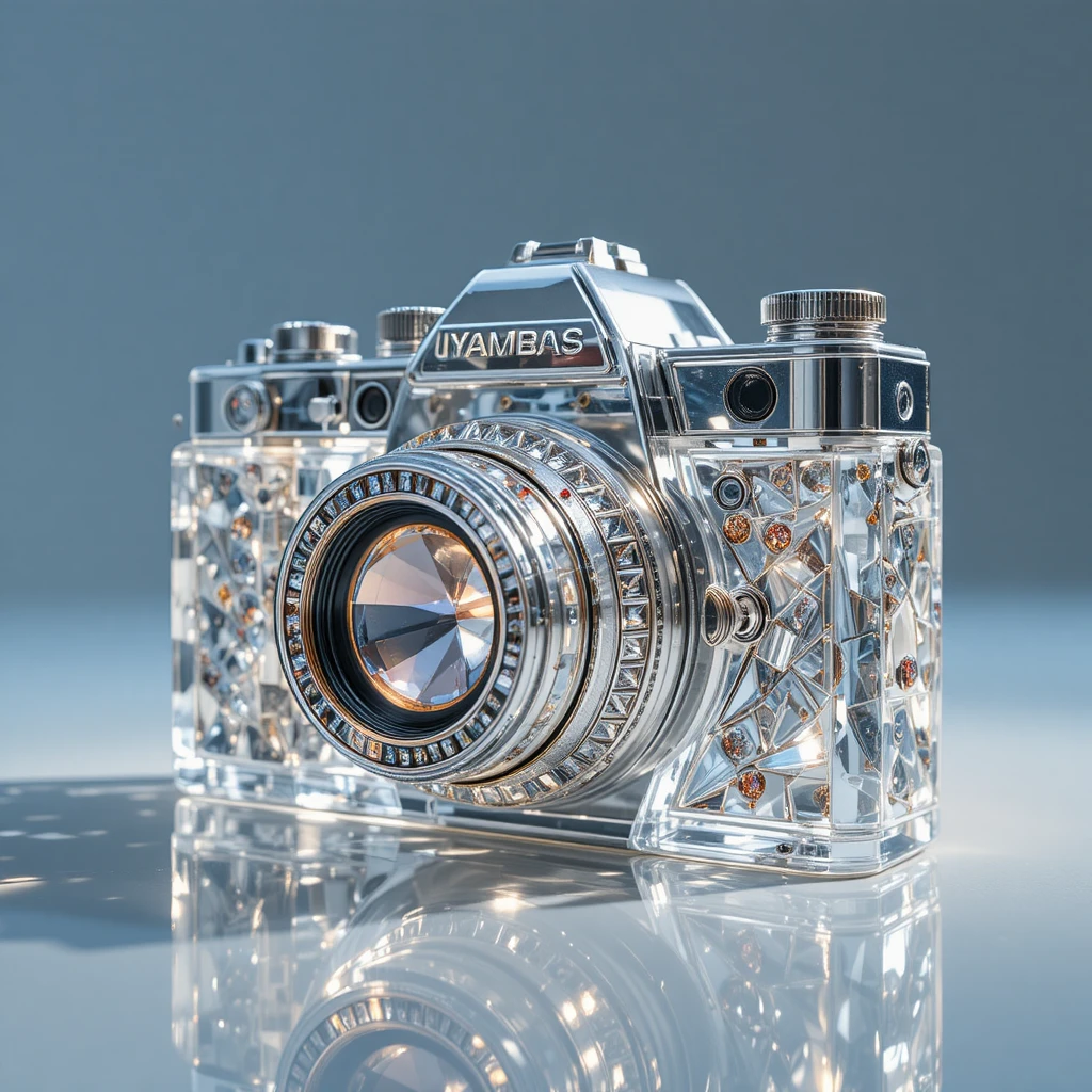 Luxury crystal and silver camera with diamond-cut lens and jeweled internal details.