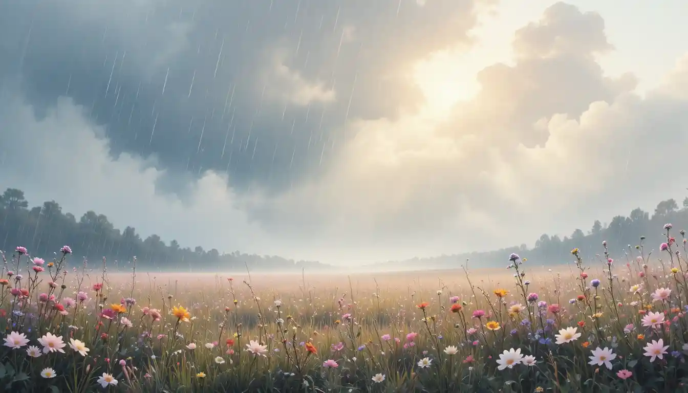 Gentle rain over a pastel meadow of blooming wildflowers