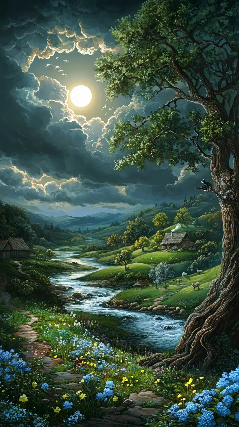 Moonlit river landscape with hills, trees and small houses