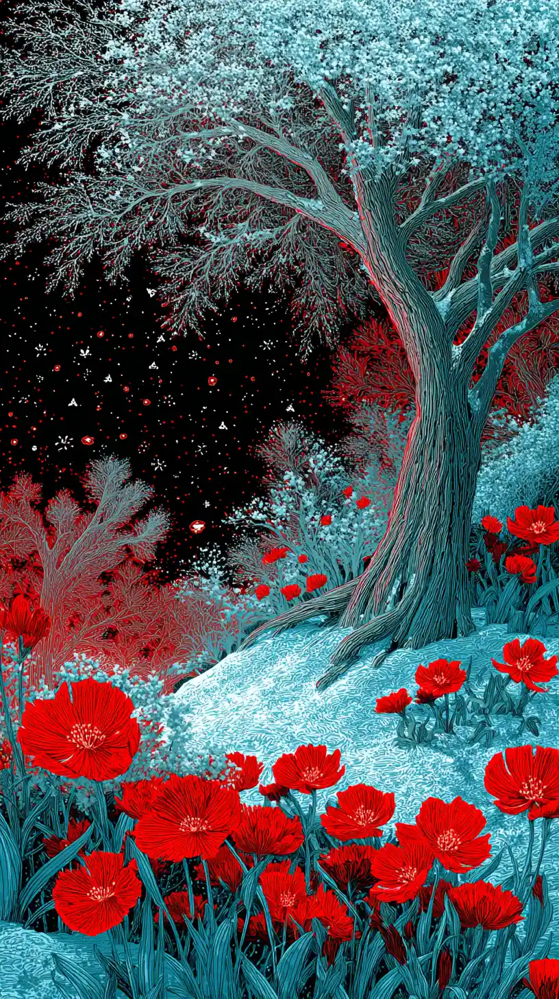 Winter fantasy landscape with glowing flowers and snow