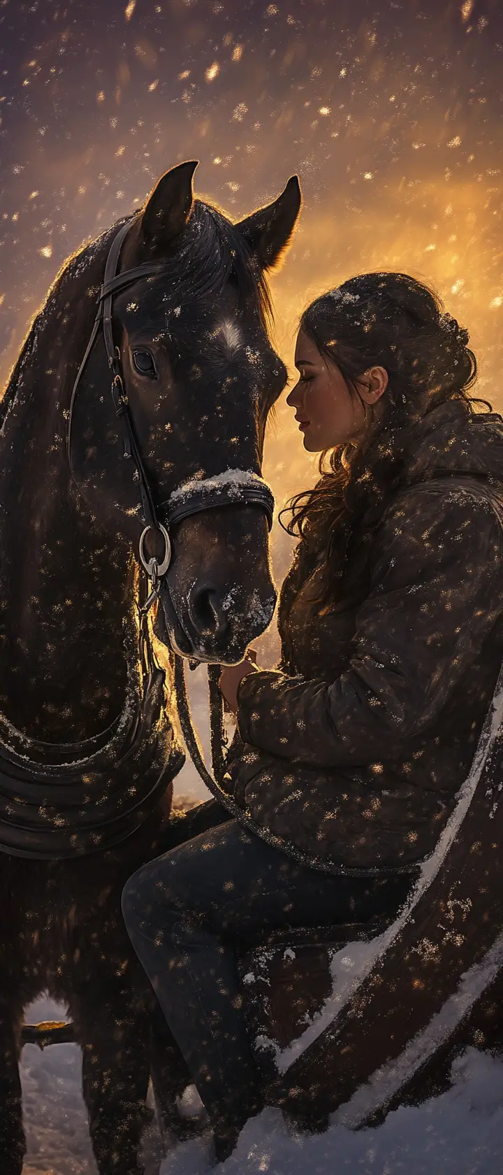 Intimate couple in sleigh behind horse at winter sunset