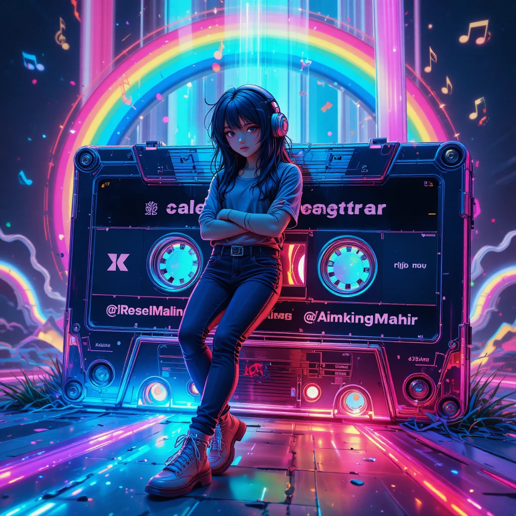 Retro anime hero with giant glowing cassette tape