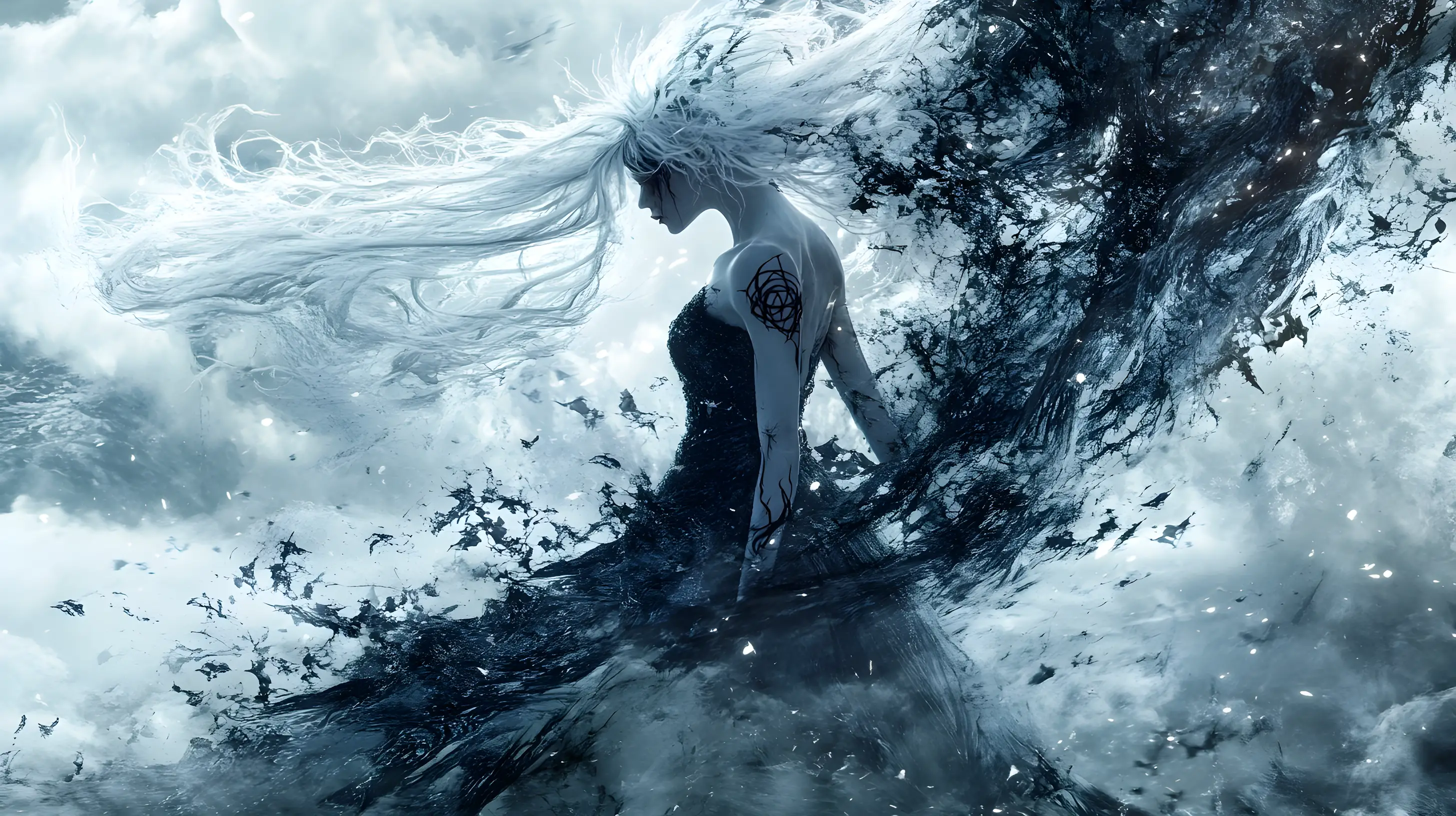 Hechicera oscura bailando en un bosque helado y embrujado