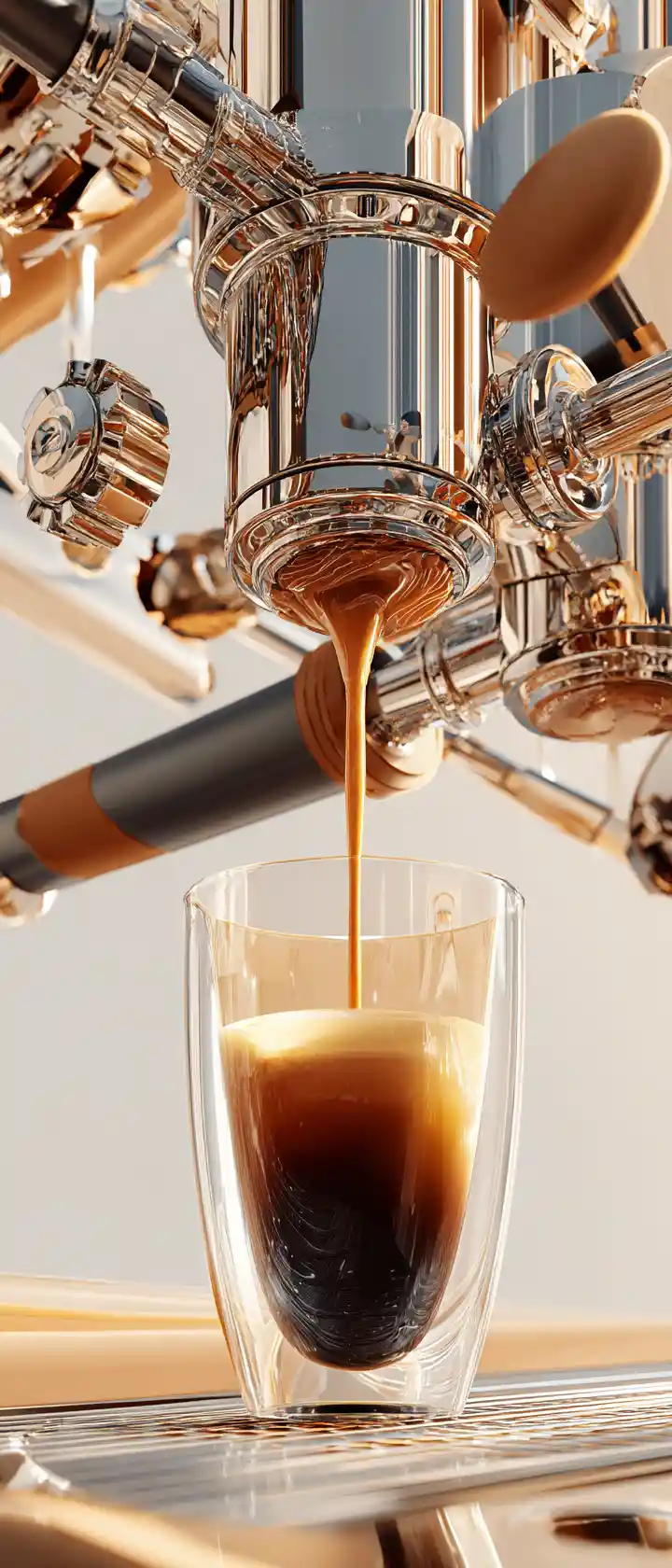 Steaming coffee poured from commercial machine into glass