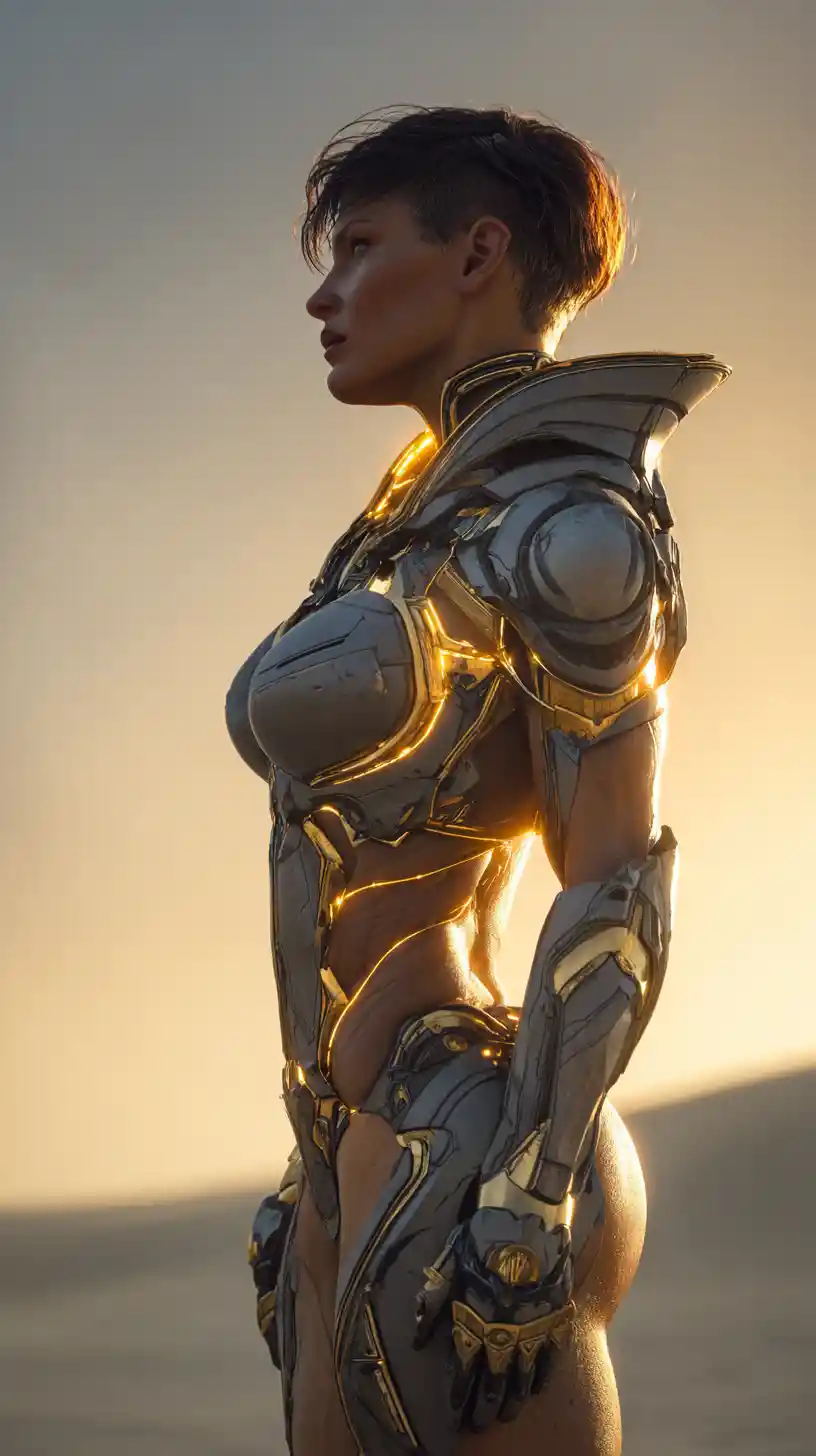 Muscular female warrior in armor on glowing desert dunes