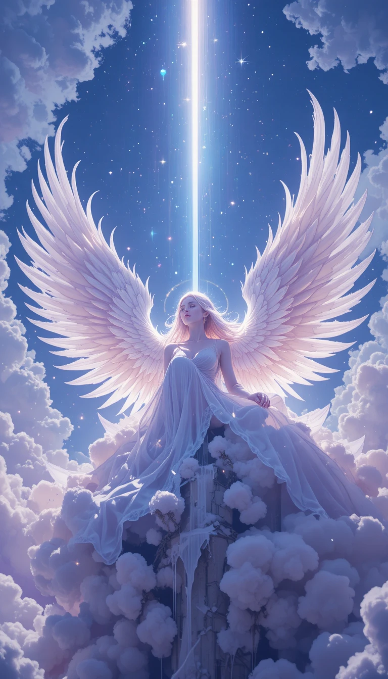 Ethereal angel woman seated on glowing clouds above