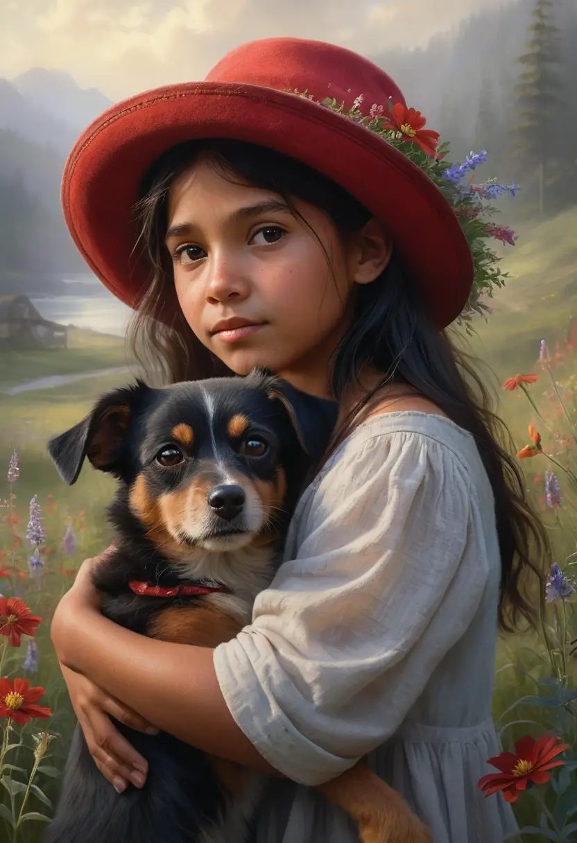 Melancholic girl holding a small dog among soft wildflowers
