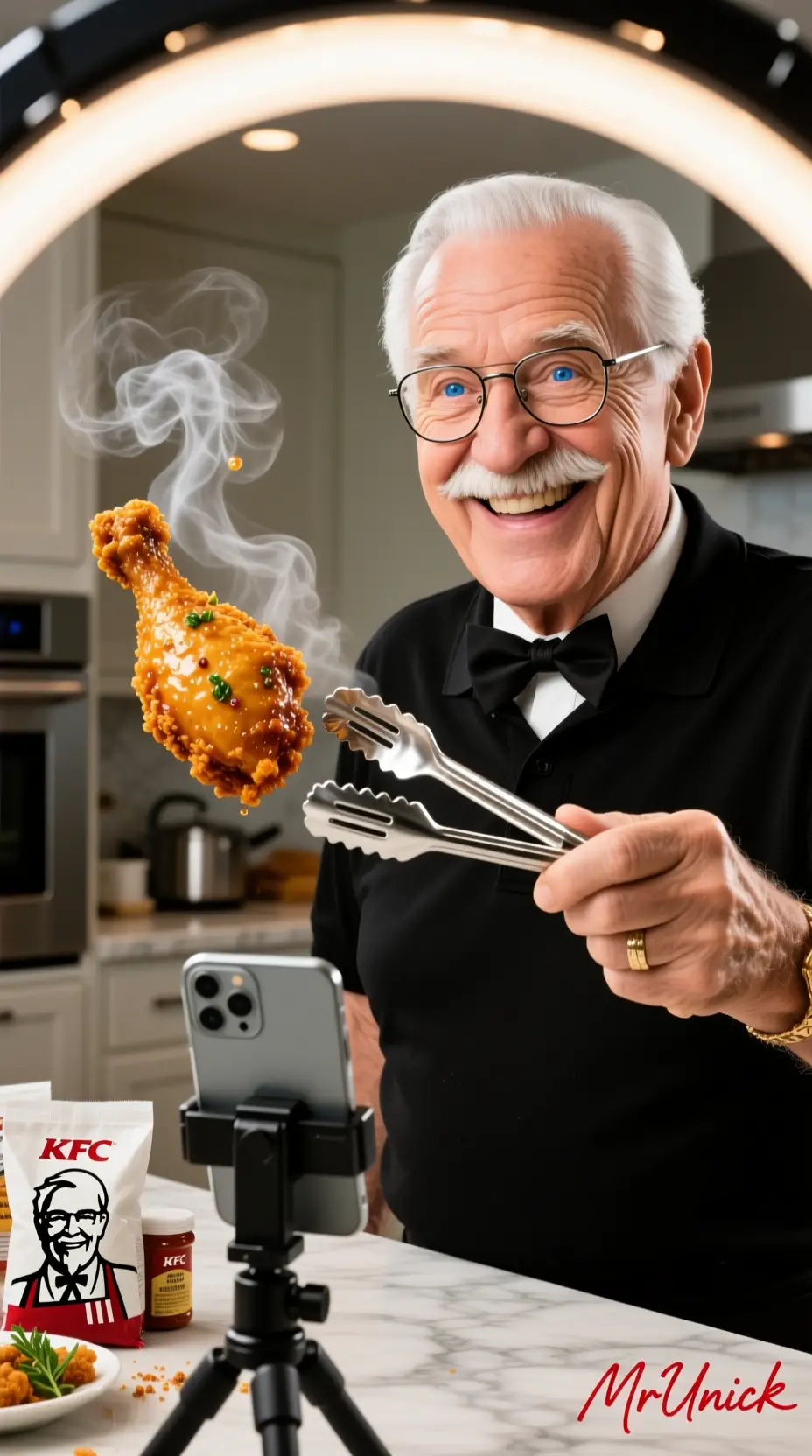 Homme âgé souriant présentant du poulet frit dans la cuisine