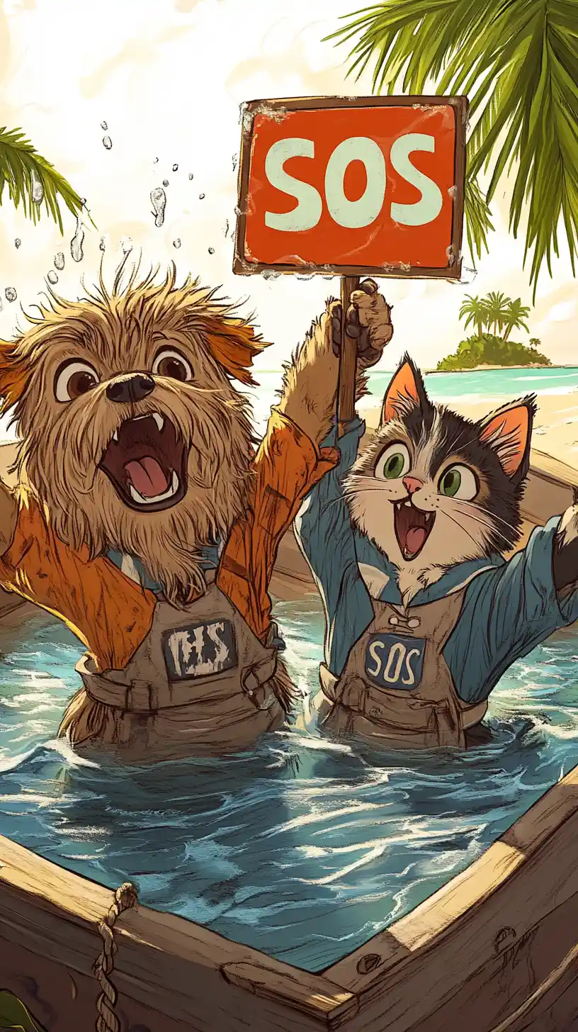Shaggy dog and cat in a sinking sailor boat