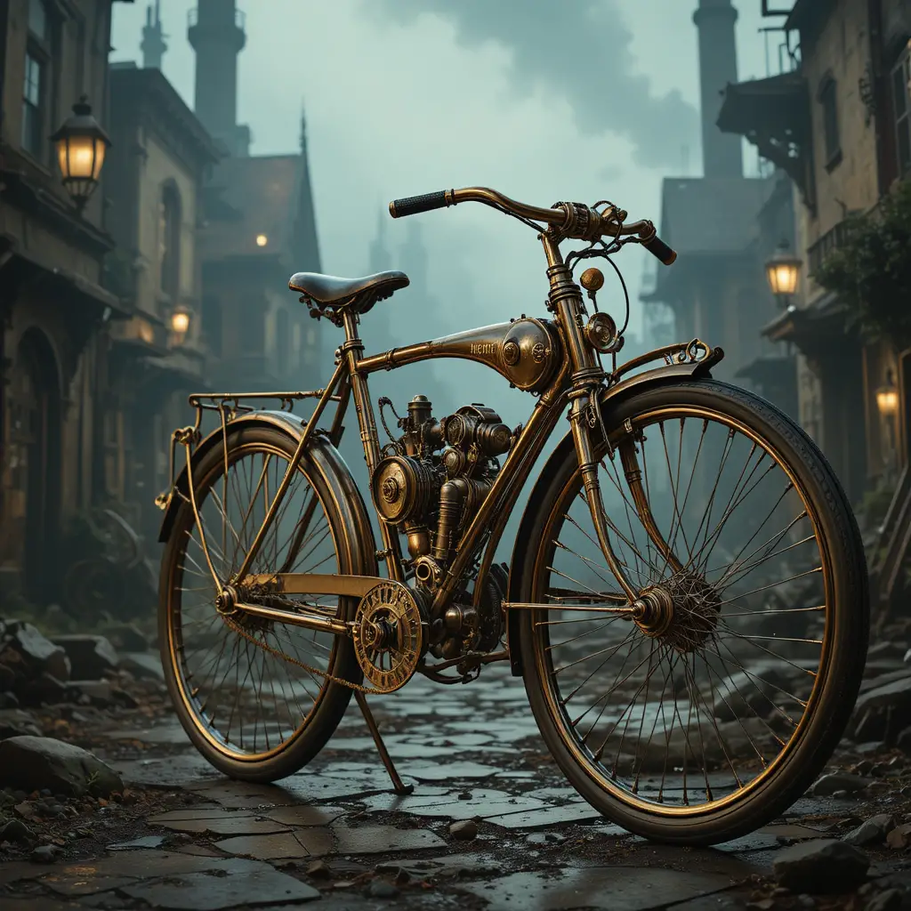 Steampunk Bicycle In A Foggy Victorian City Street