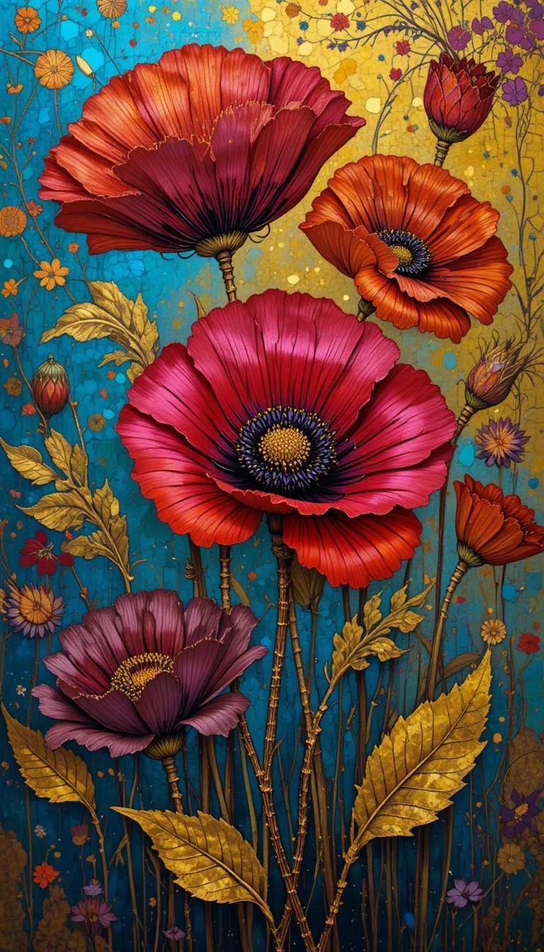Metallic poppy flowers in vibrant pop art painting style