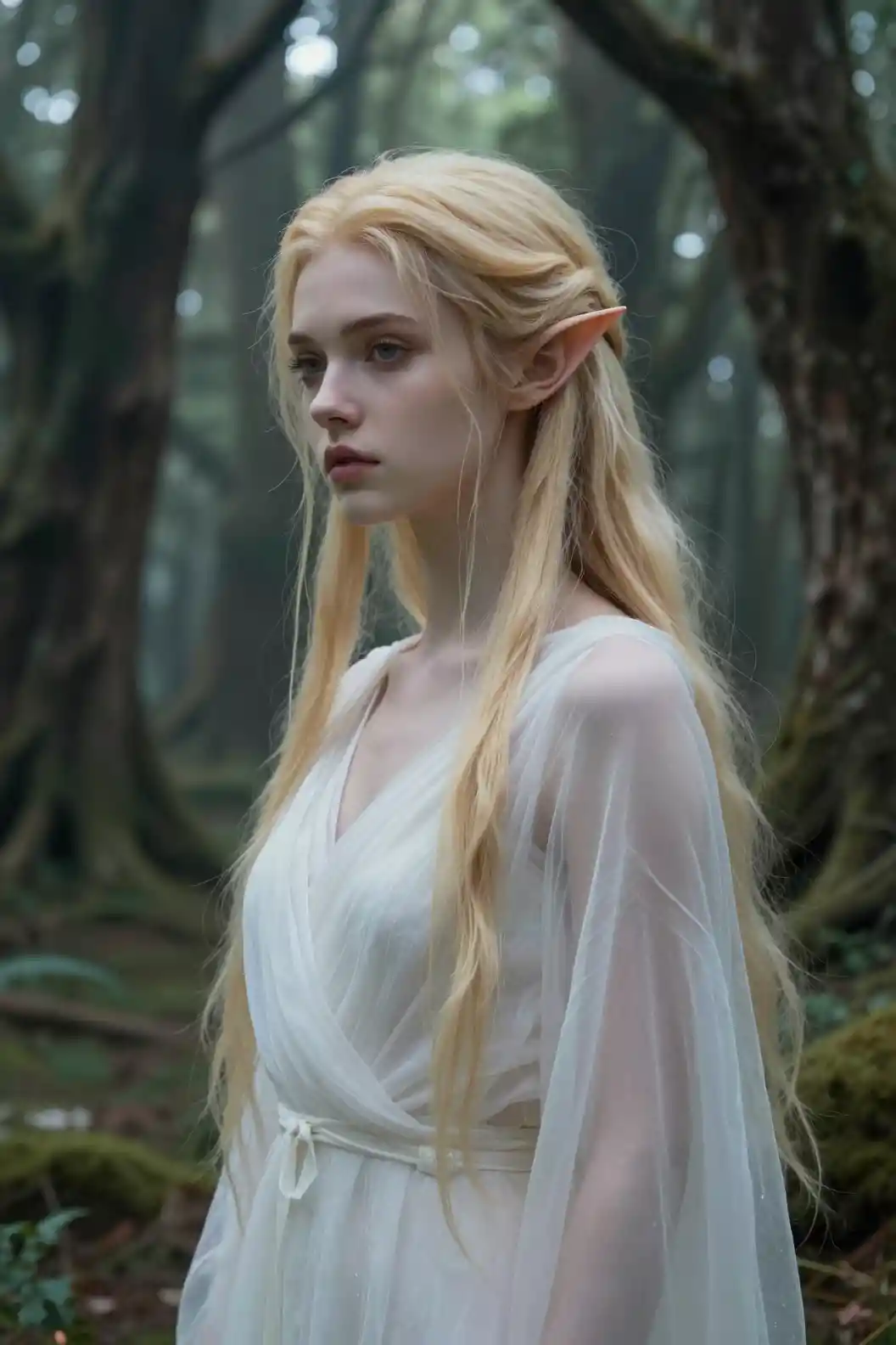 Elf girl in a sunlit clearing of an ancient forest