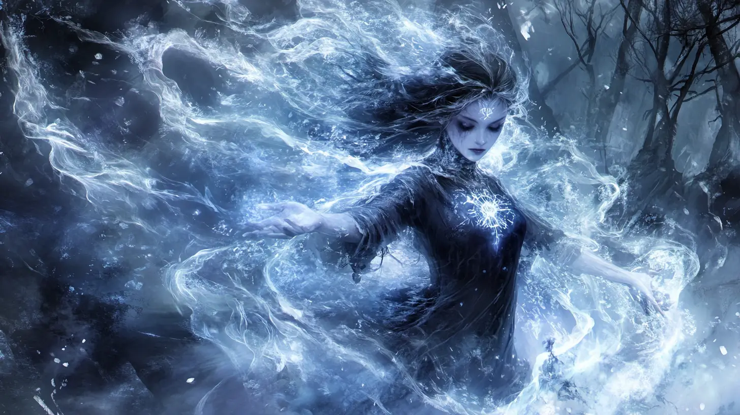 Dark sorceress dancing in a frozen cursed forest