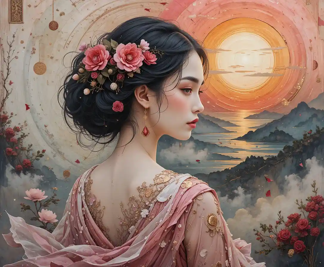 Surreal close up woman with dreamy sunrise seascape