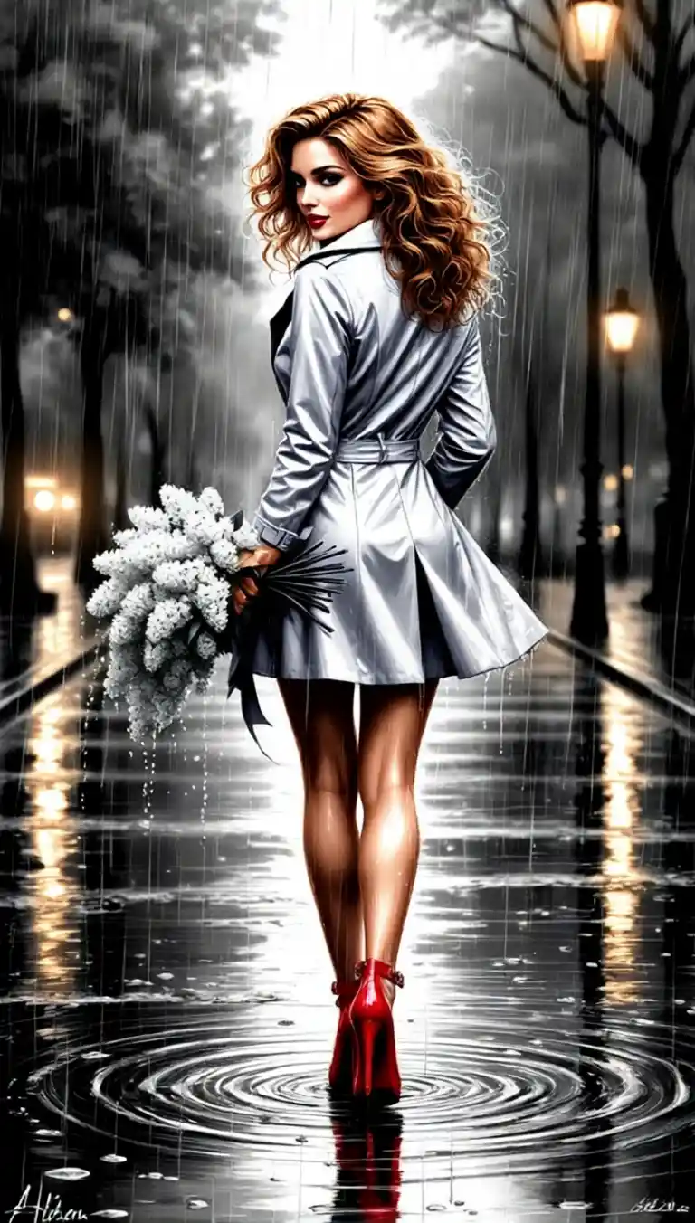 Woman in red heels on rainy city street at night