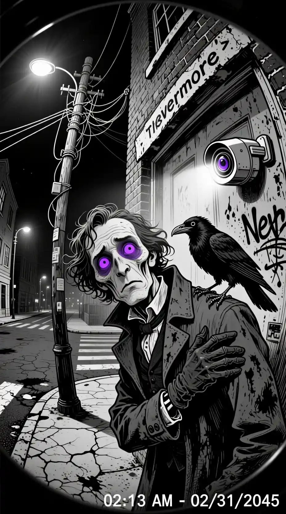 Black And White Surveillance Portrait Of Man At Street Corner