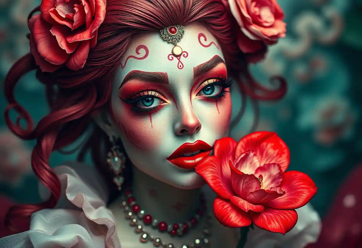 Donna fantasy stravagante con rossetto rosso e fiore