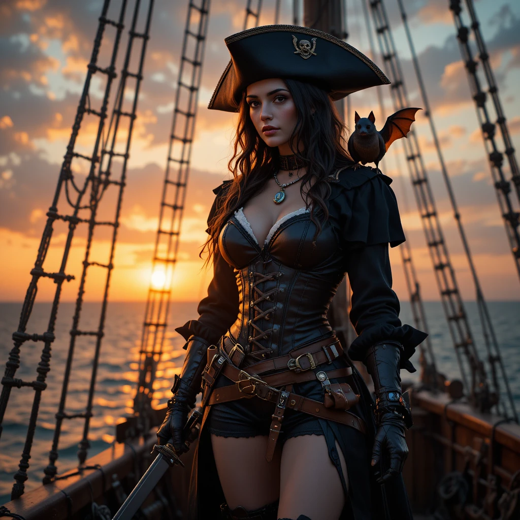Pirate batgirl on a ship bow at glowing sunset