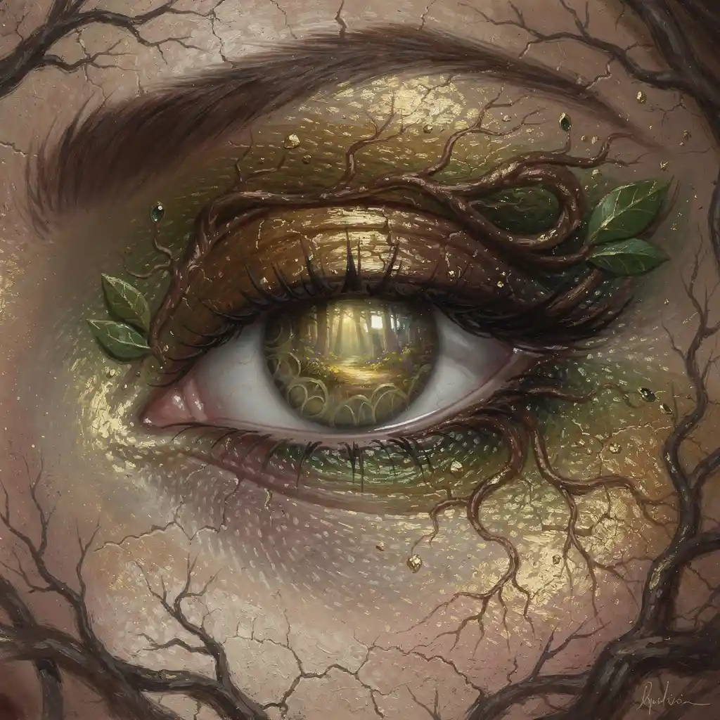 Occhio mistico fantasy con trucco organico in tonalità terra