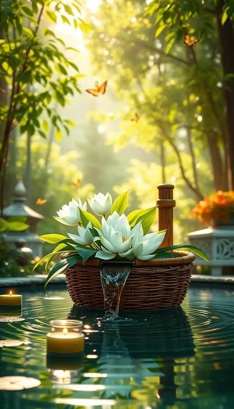 Zen forest spa scene with lotus flowers and bamboo