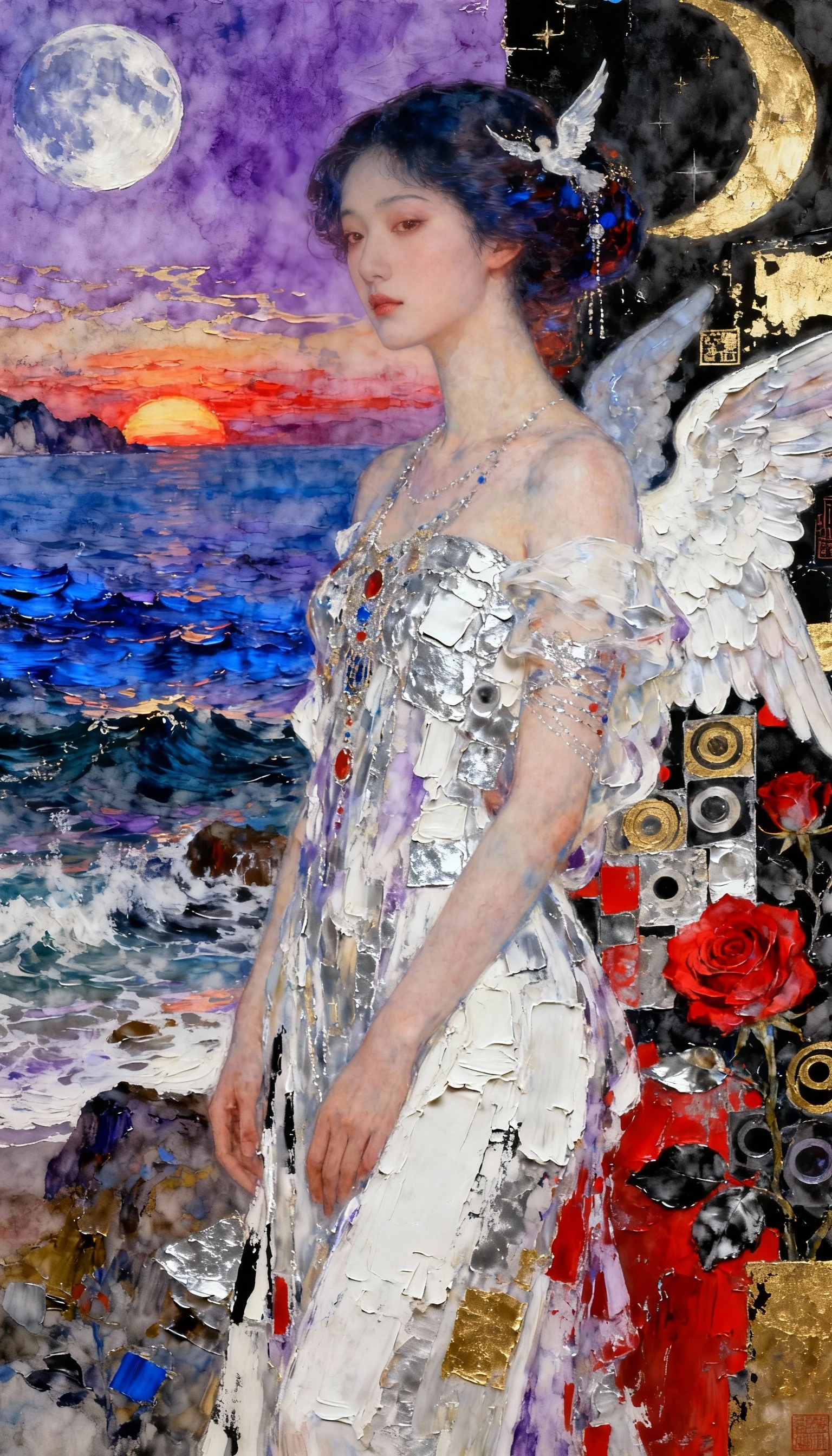 Primer plano onírico de mujer frente a un paisaje marino surrealista al amanecer