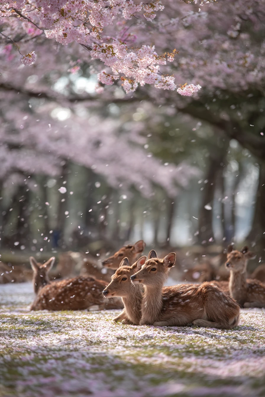 Sika deer resting under blooming cherry trees in Nara park