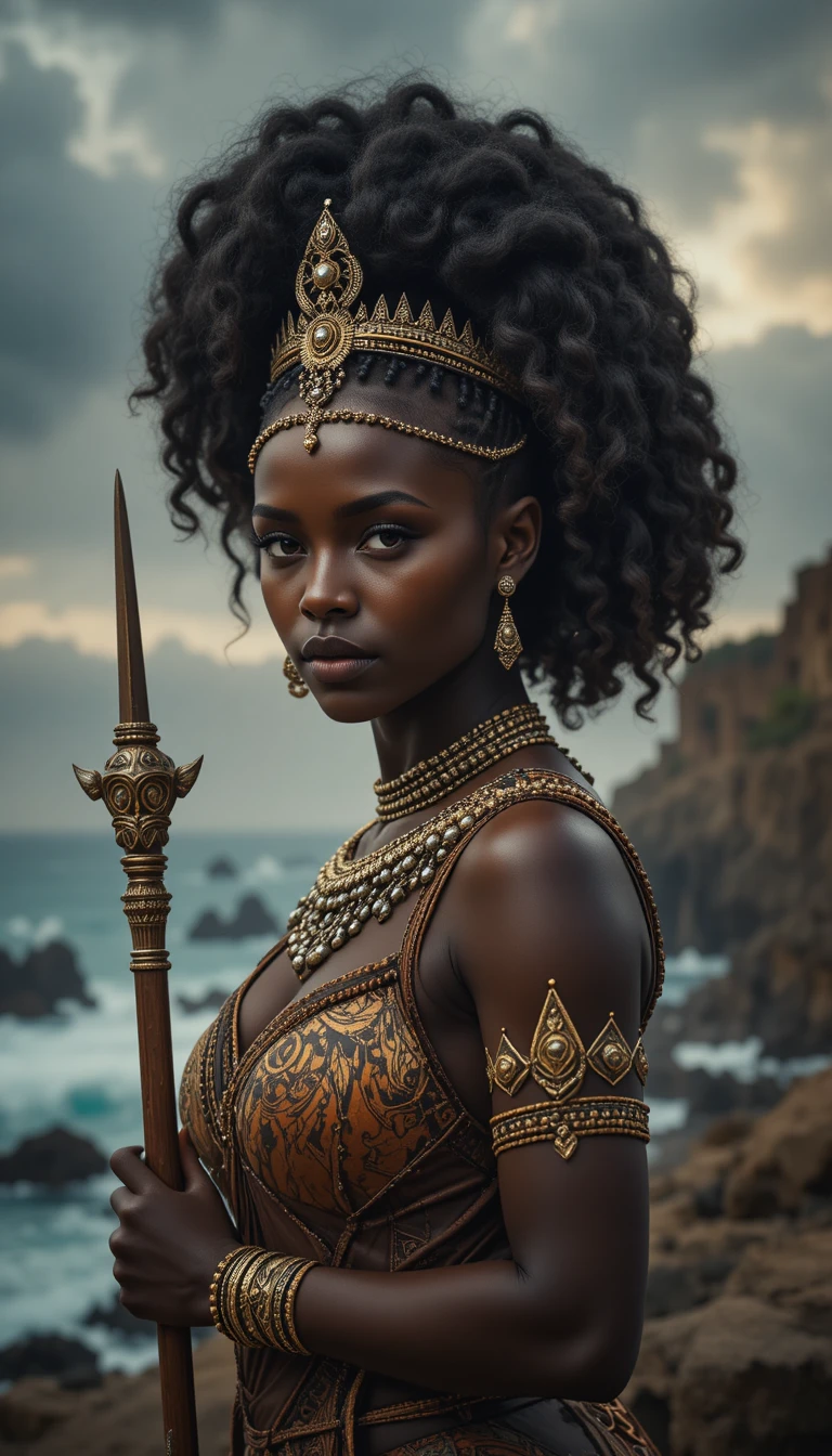 African warrior queen facing the stormy coastal horizon