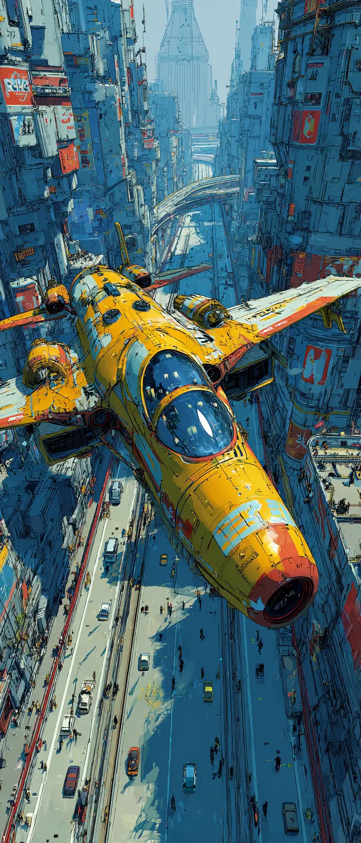 Futuristic airplane flying above a busy highway