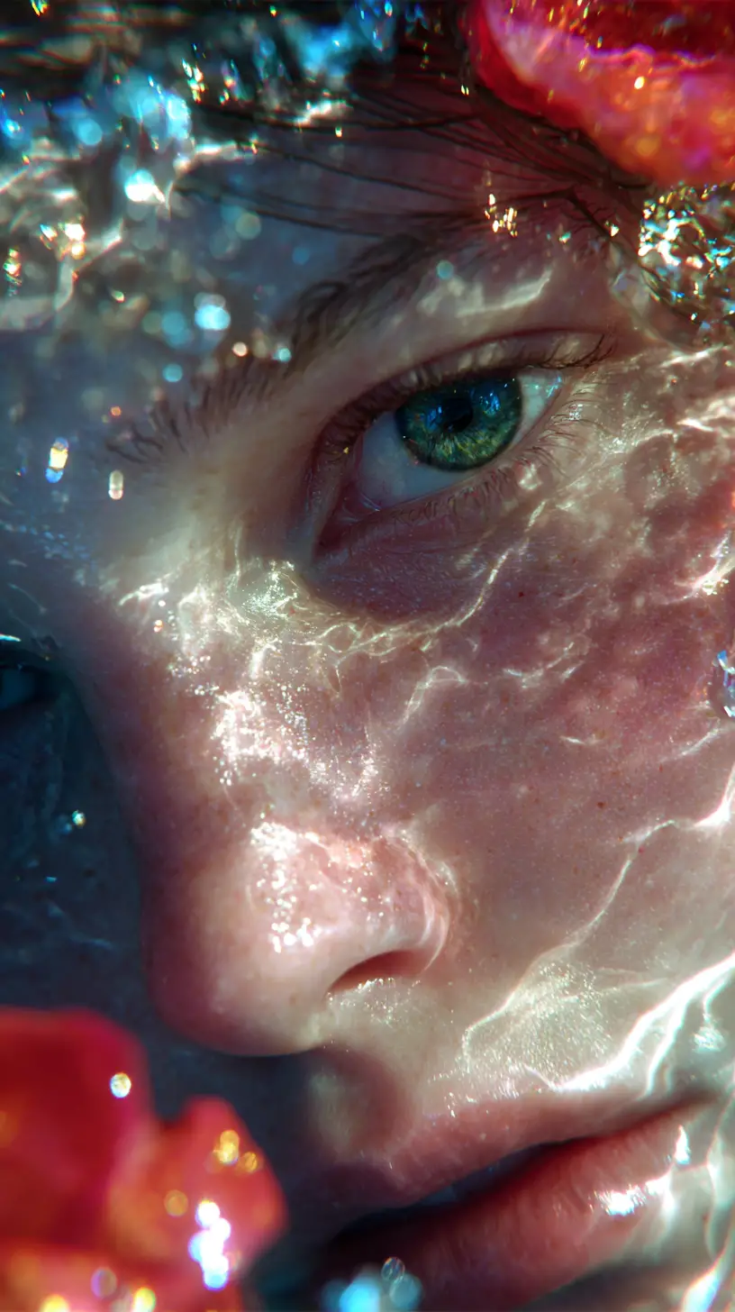 Woman portrait beneath ice with sunlight reflections
