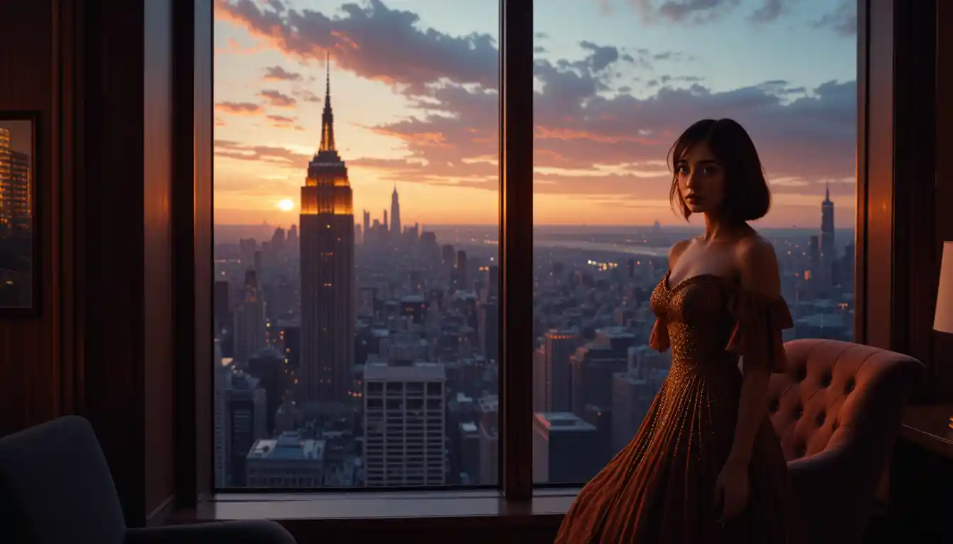 Elegant woman in evening gown at window over city skyline