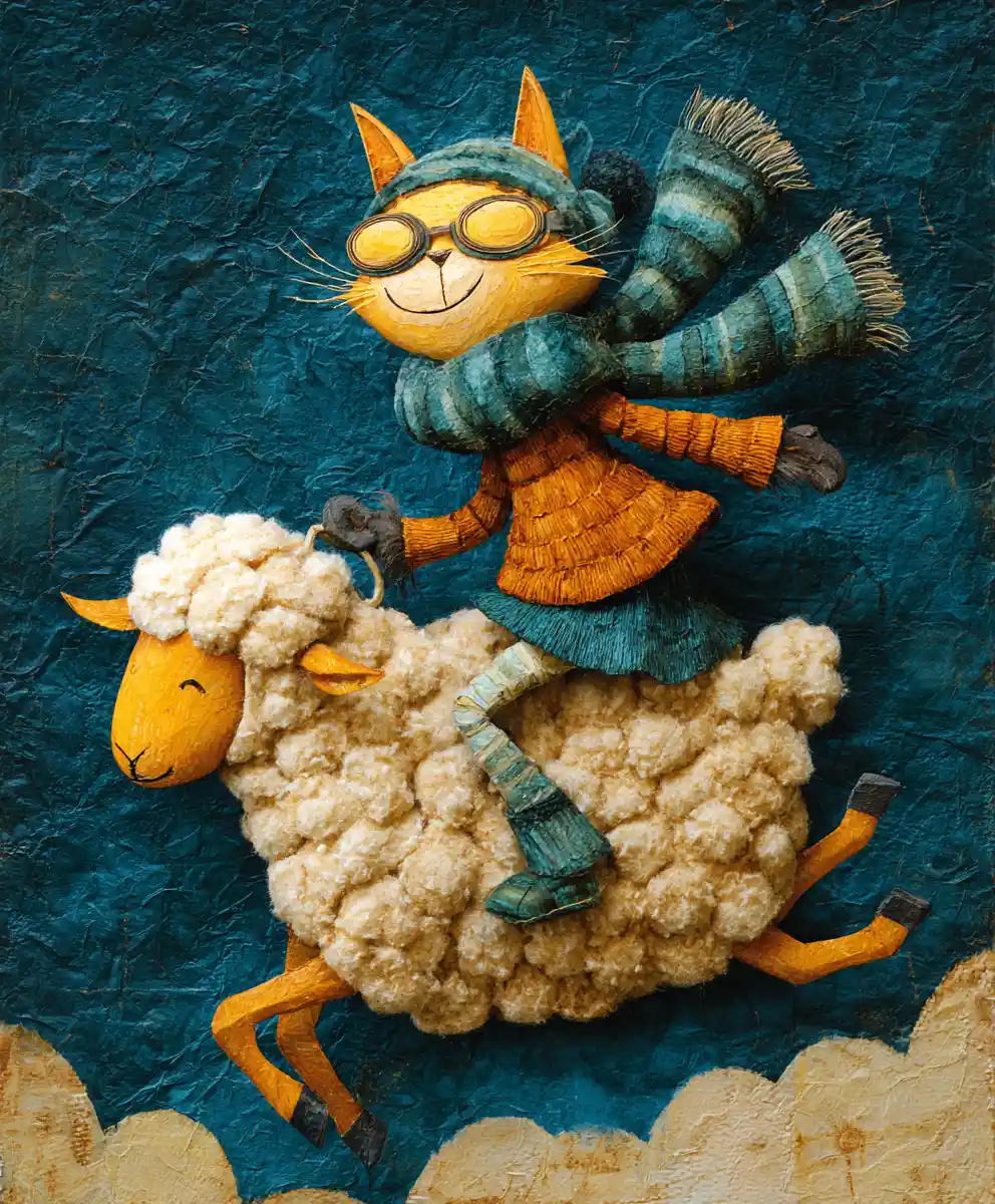 Cheerful Cat Riding A Galloping Sheep In Woolen Clothes