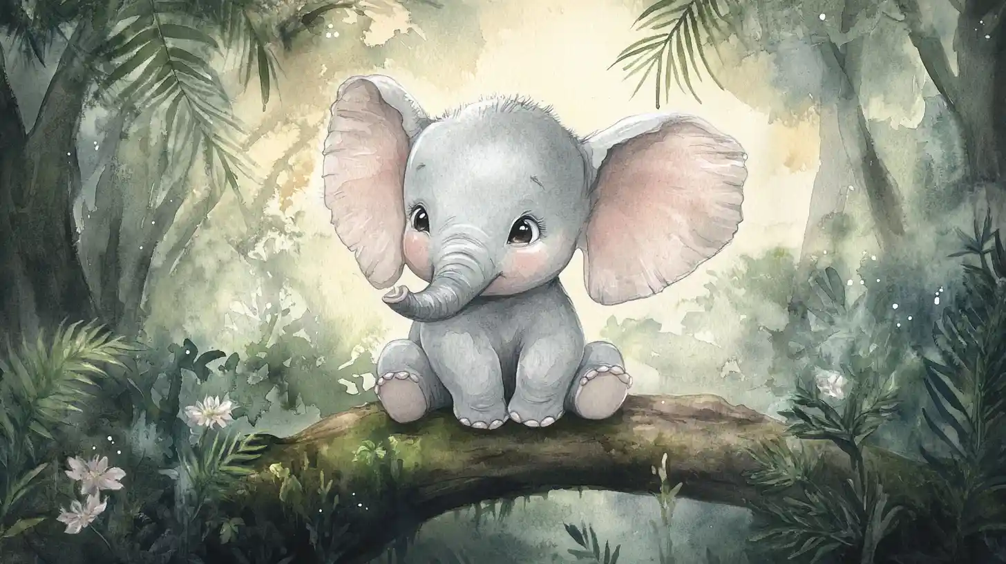 Filhote de elefante gordinho em uma selva mágica em aquarela