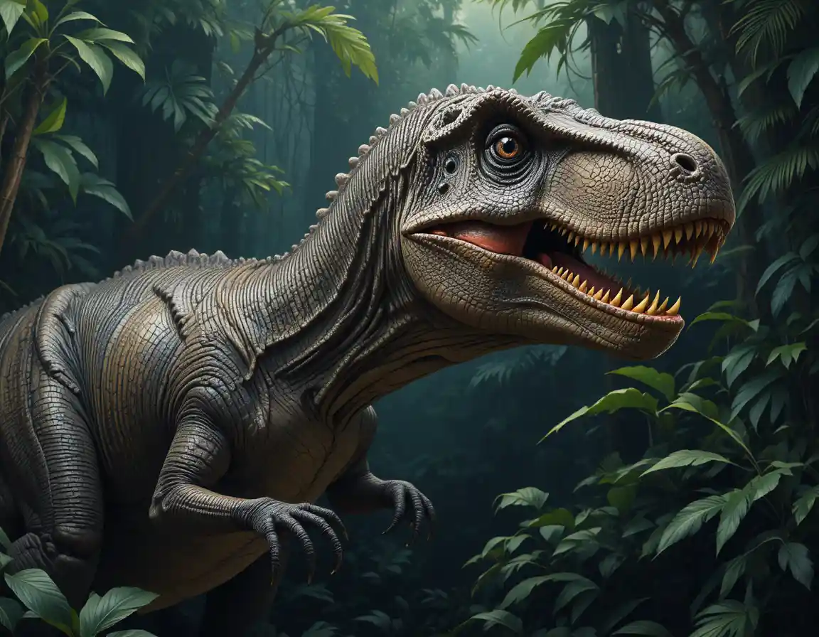 Close up portrait of roaring tyrannosaurus rex in jungle