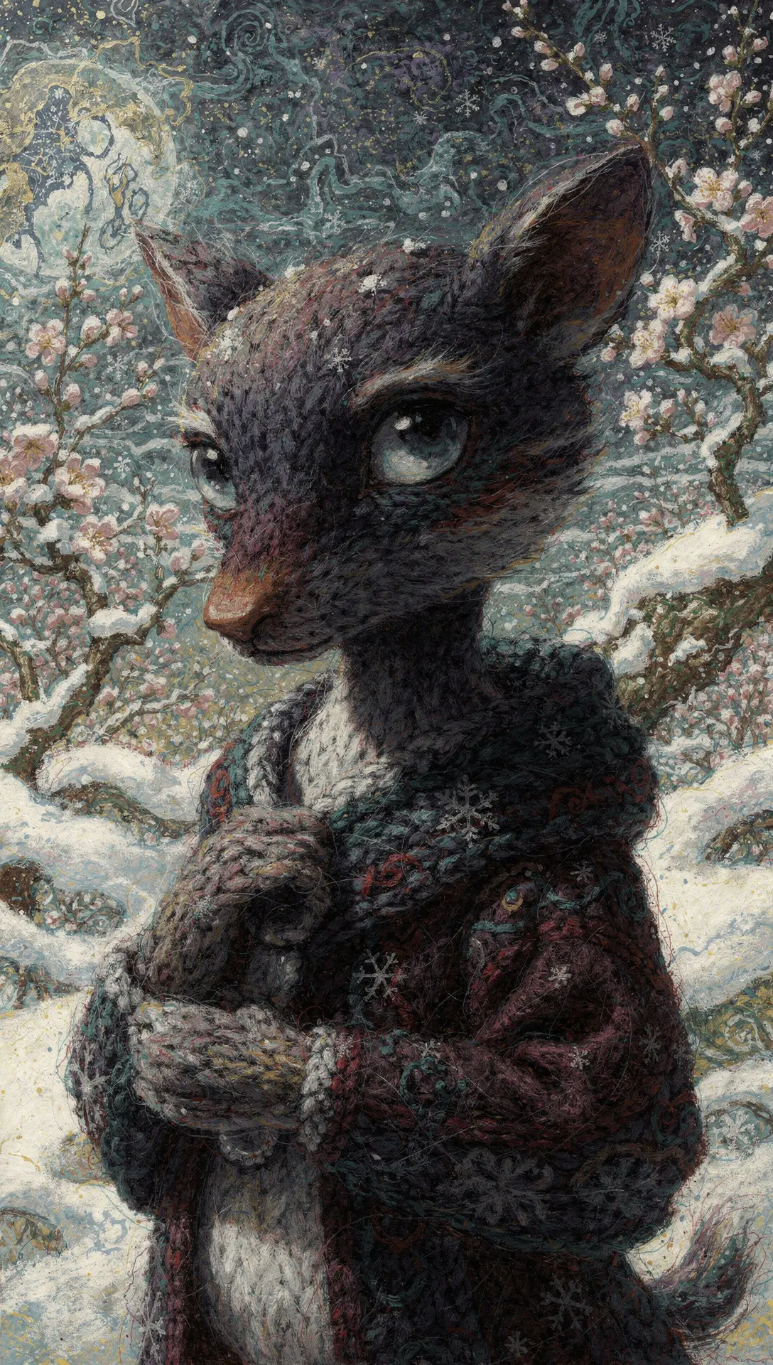 Melancholic anthropomorphic portrait in a fantasy snow landscape