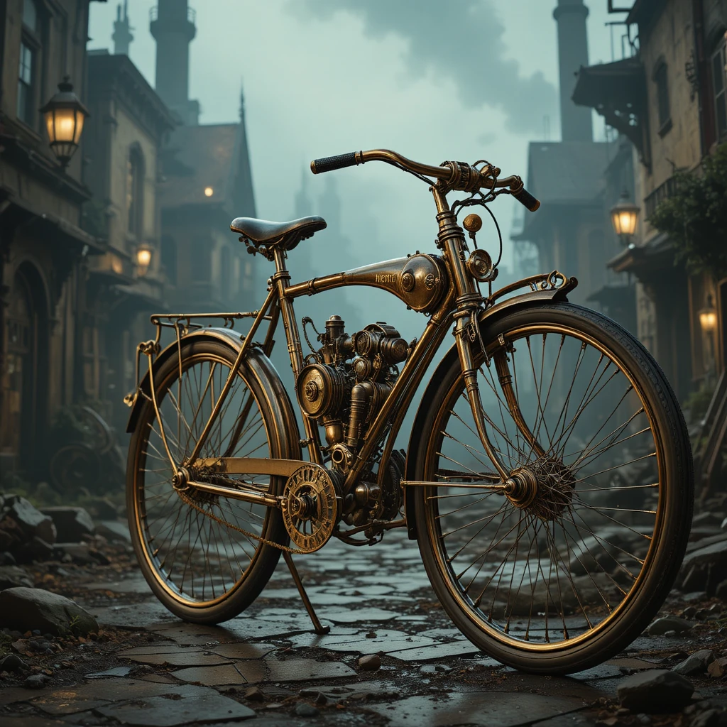 Bicicleta Steampunk en una Calle Victoriana con Niebla