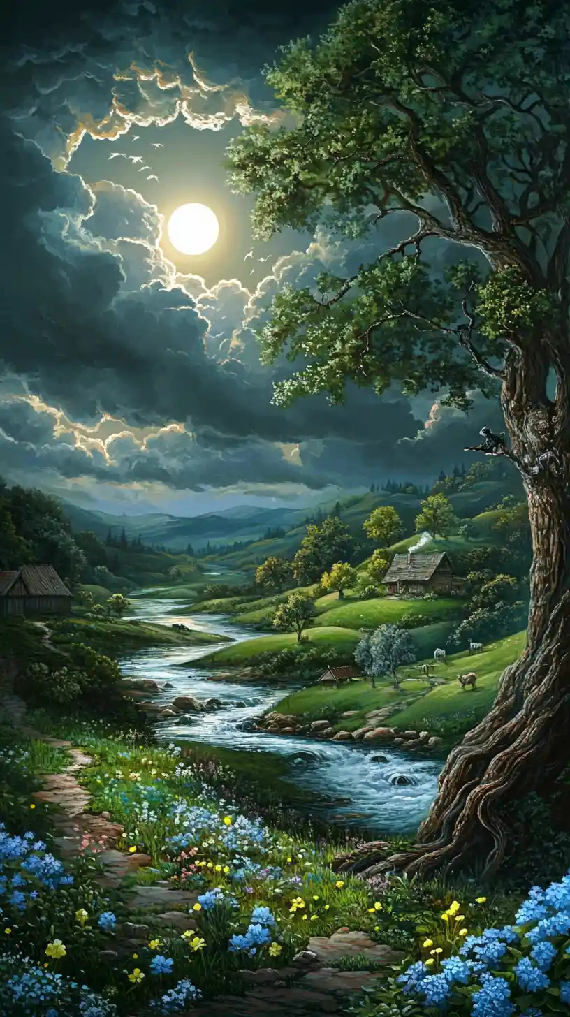 Moonlit river landscape with hills, trees and small houses