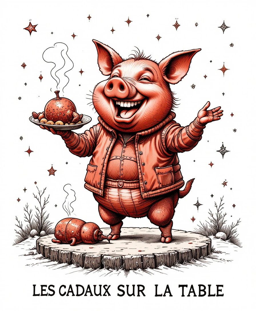 Festive Engraved Pig Serving Roast Poultry In Snowy Frame