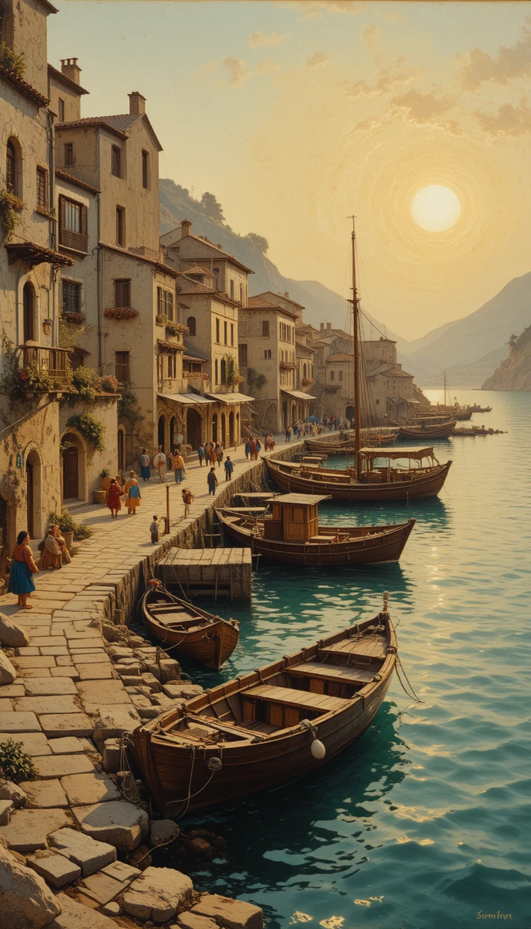 Golden sunset over an ancient Mediterranean fishing village