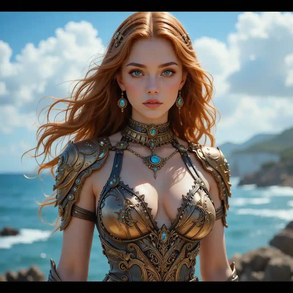 Fantasy armored woman by the ocean under blue sky