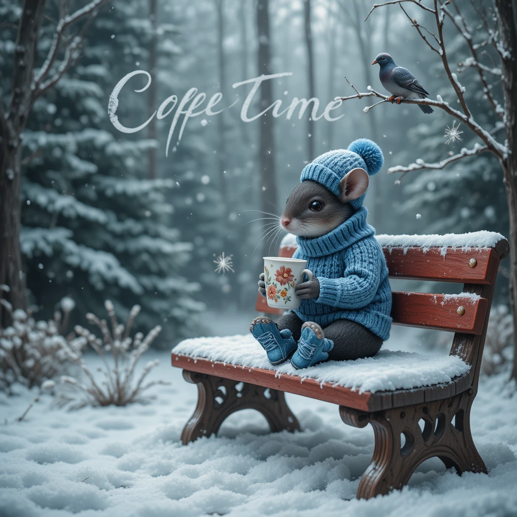 Cozy mouse on a snowy bench in winter forest