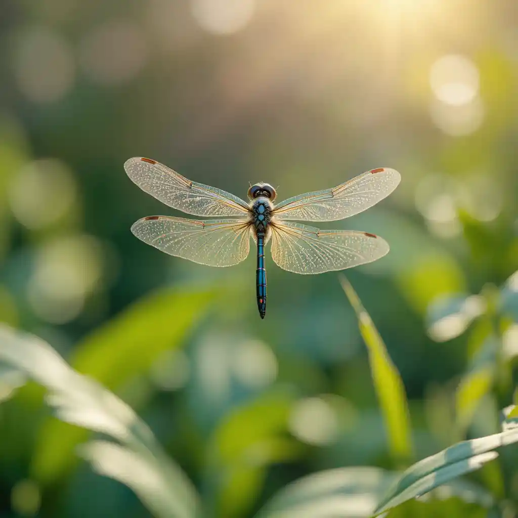 Dragonfly Hovering Above Lush Green Summer Landscape