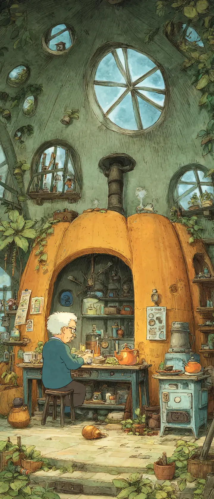 Cozy Inventors Workshop Inside A Giant Pumpkin Interior