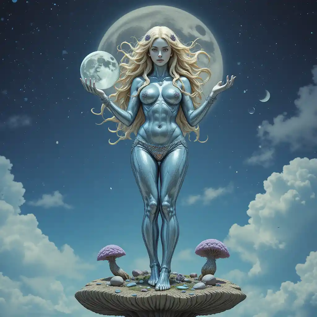 Silver fantasy woman statue holding the moon on mushroom