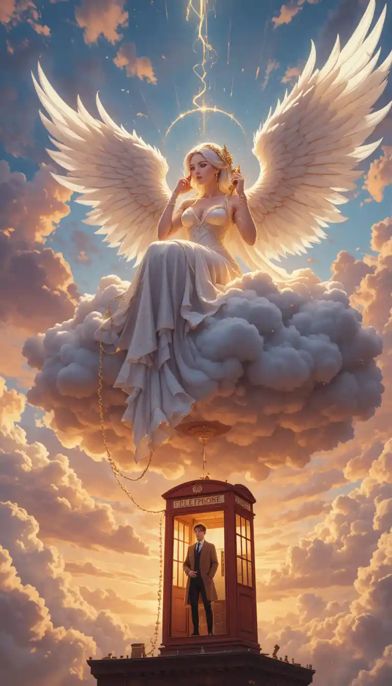 Angelic woman on celestial phone above glowing sunset clouds