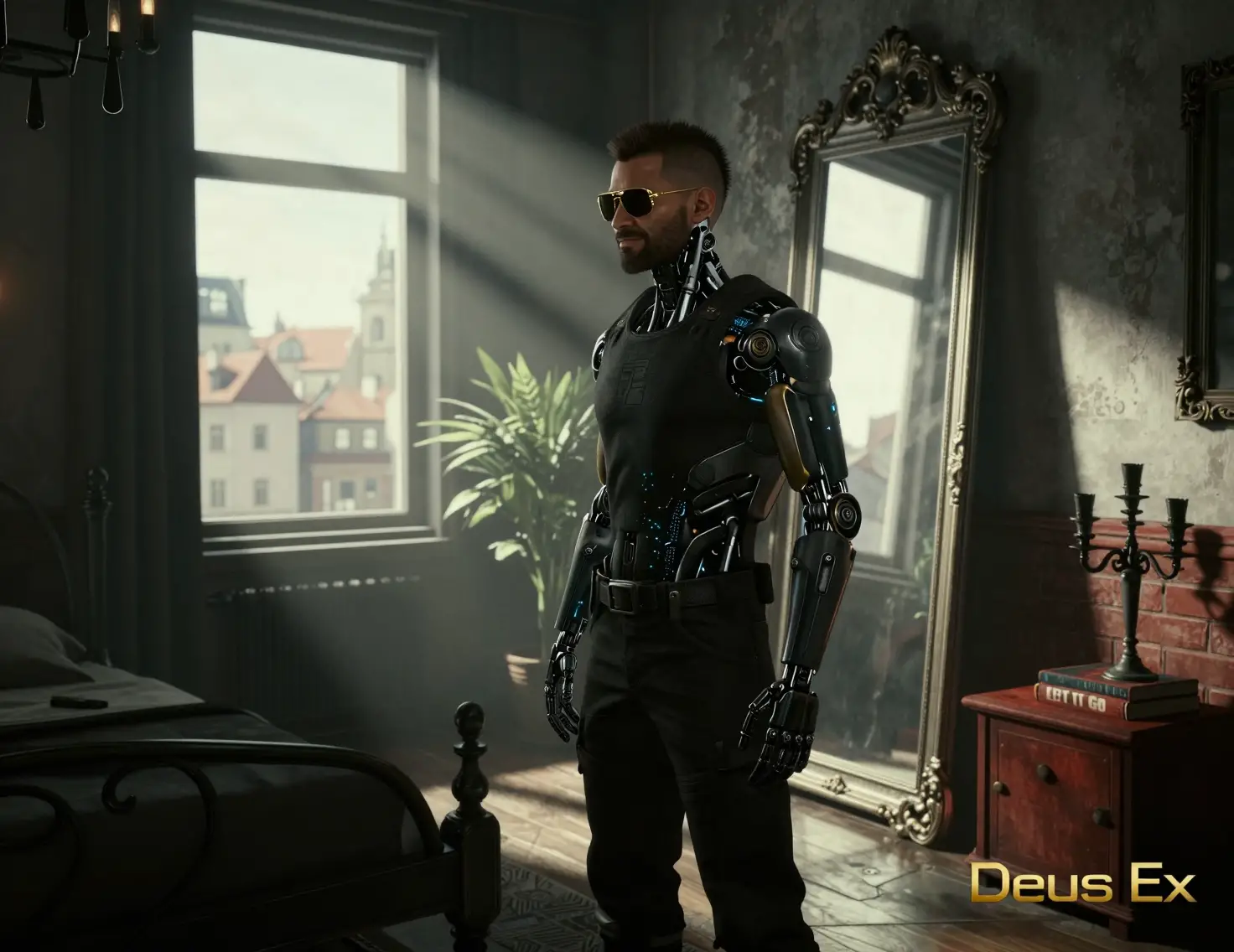 Augmented detective man in a futuristic bedroom interior