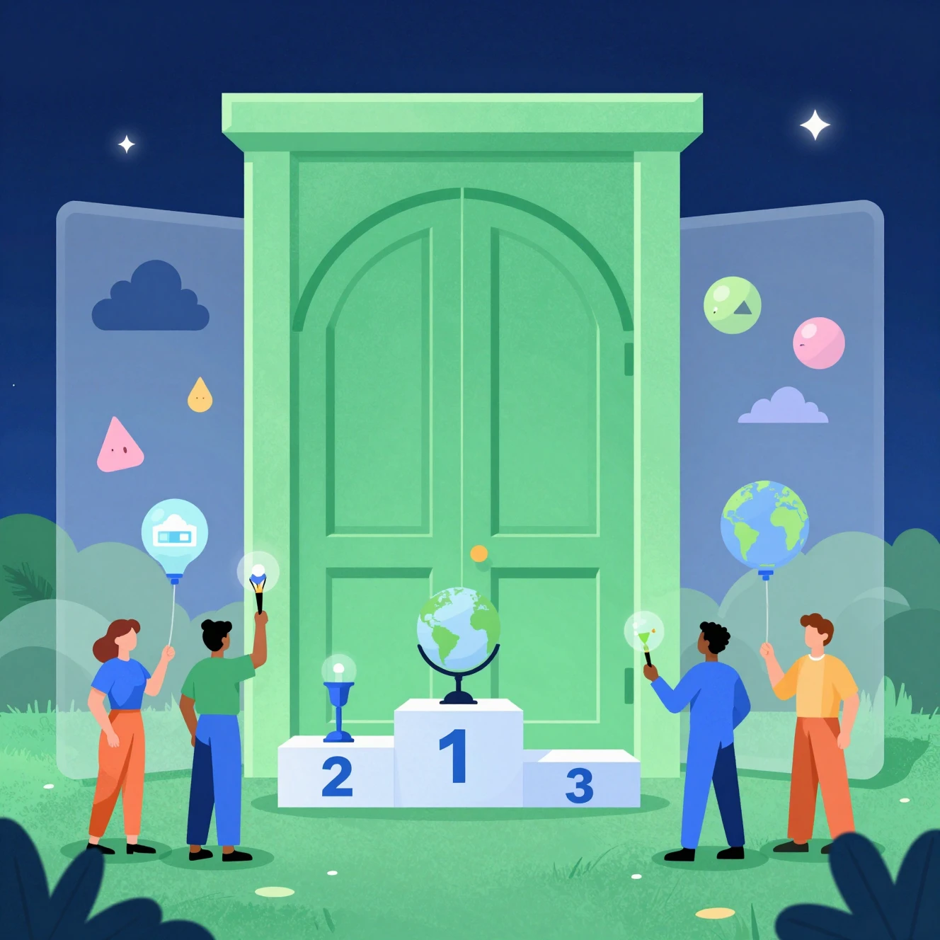 Artists gather around a glowing green portal to a pixel world